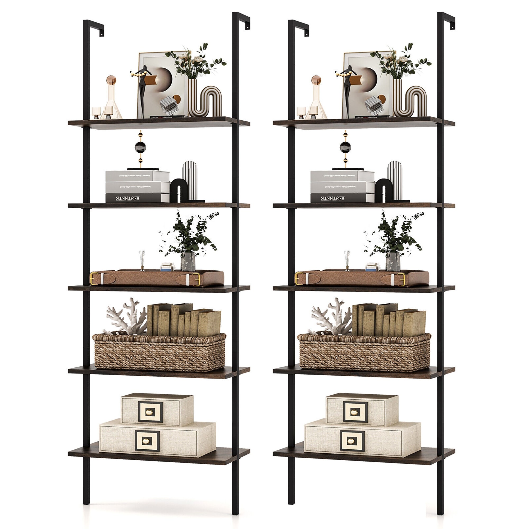 Gymax 2 PCS 5 Tier Ladder Shelf 71'' Wall-Mounted Bookshelf Display