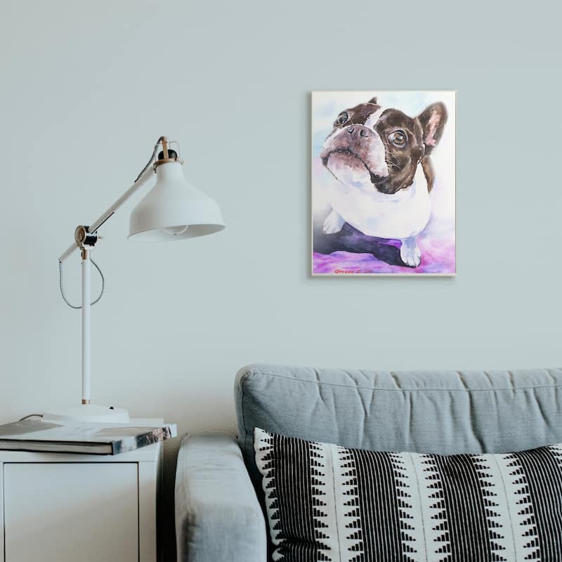 Stupell Happy Boston Terrier Pet Dog Portrait Black Purple Wood Wall ...