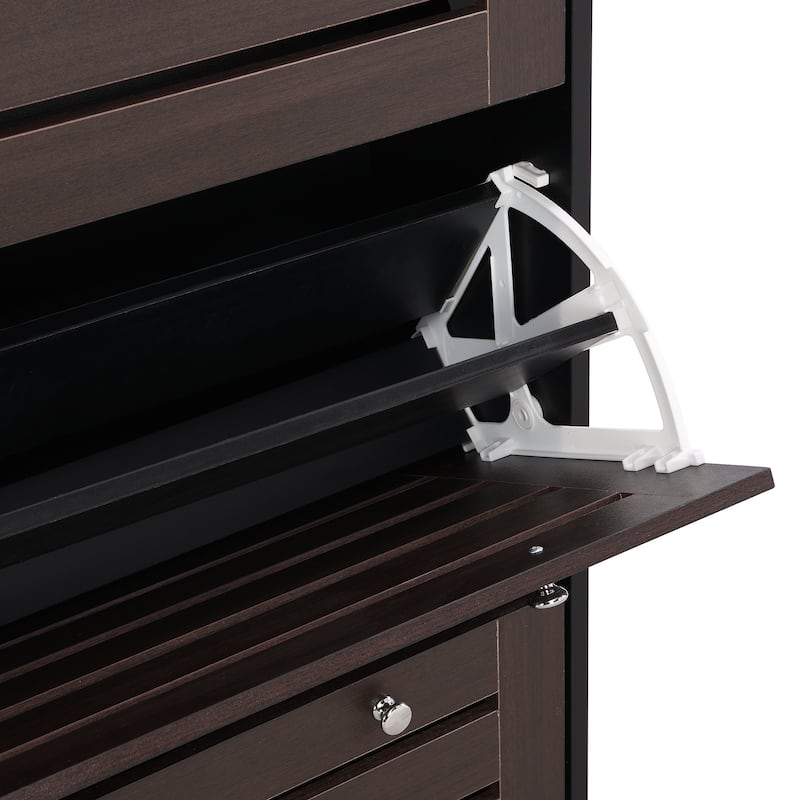 Slim Tipping Bucket Shoe Cabinet with Hanging Hooks, Entryway Hidden Wood Shoe Organizer Shoe Rack with Adjustable Pane