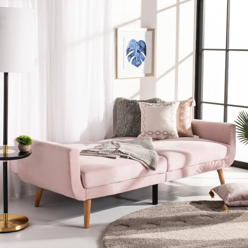 SAFAVIEH Rashida Mid-Century Foldable Futon Sofa Bed - 82.3" x 34.3" x 34.3" - Blush/Natural