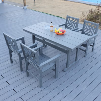 5 Piece Outdoor Dining Table and Chair Set, Garden Wooden Furniture Set, Rectangular Table with Umbrella Hole and 4 Chairs