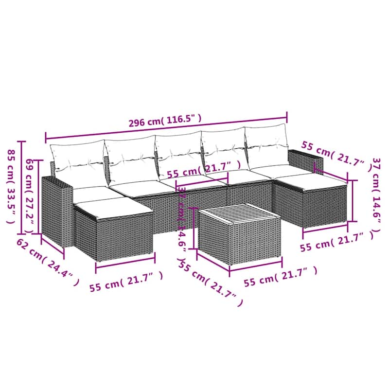 vidaXL Patio Sofa Set with Cushions Outdoor Furniture 8 Piece Poly Rattan - 21.7 x 21.7 x 14.6