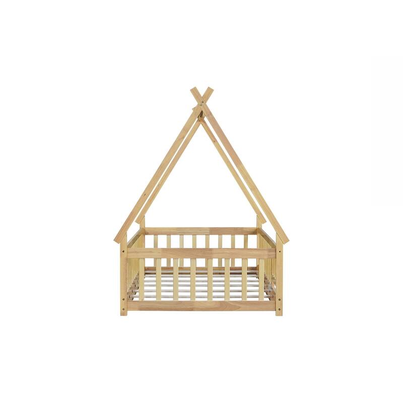 Twin Tent-shaped Floor Bed,Teepee Bed with Guardrails,Slats and Door