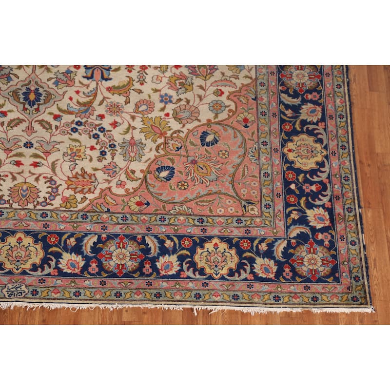 Hand Knotted Oriental 100% Wool Carpet Traditional Medallion Beige & Ivories Tabriz Area Rug - 12' 11'' X 10' 0''