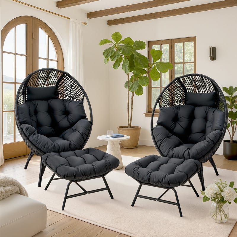 FINCATI Oversized Wicker Egg Chair with Ottoman Indoor Outdoor Accent Chair - 2 PCS-Dark Grey