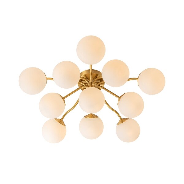 Modern 11 Light Frosted Glass Globe Wavy Arm Sputnik Semi Flush Mount Brass 30.7in