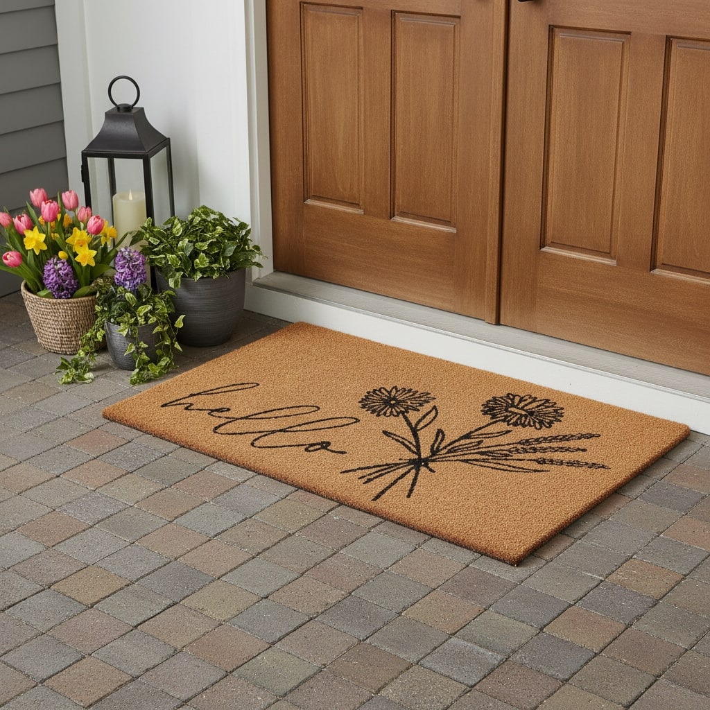 HomeRoots 30" X 48" Brown And Black Floral Hello Outdoor Coir Door Mat - 30.00' X '48.00