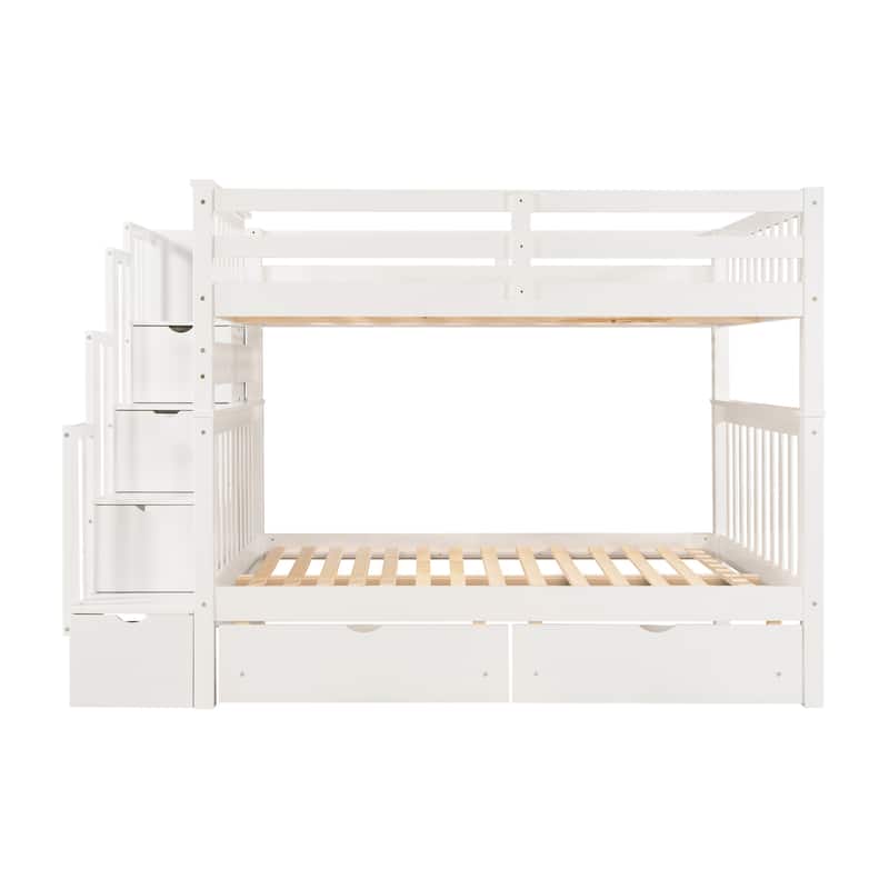 Full Over Full Bunk Bed with Shelves and 6 Drawers, White
