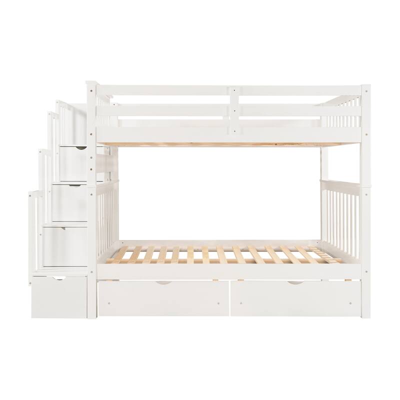 Heavy Duty Wood Bunk Bed Full Over Full Superior Quality Bunk Bed 2 Drawers and Storage Stairs and Side Shelves - Grey
