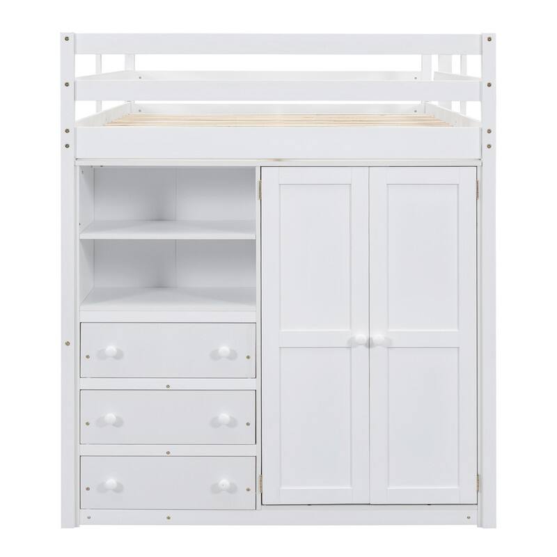 Full Size Wood Loft Bed with Built-in Wardrobe, Desk, Storage Shelves and Drawers