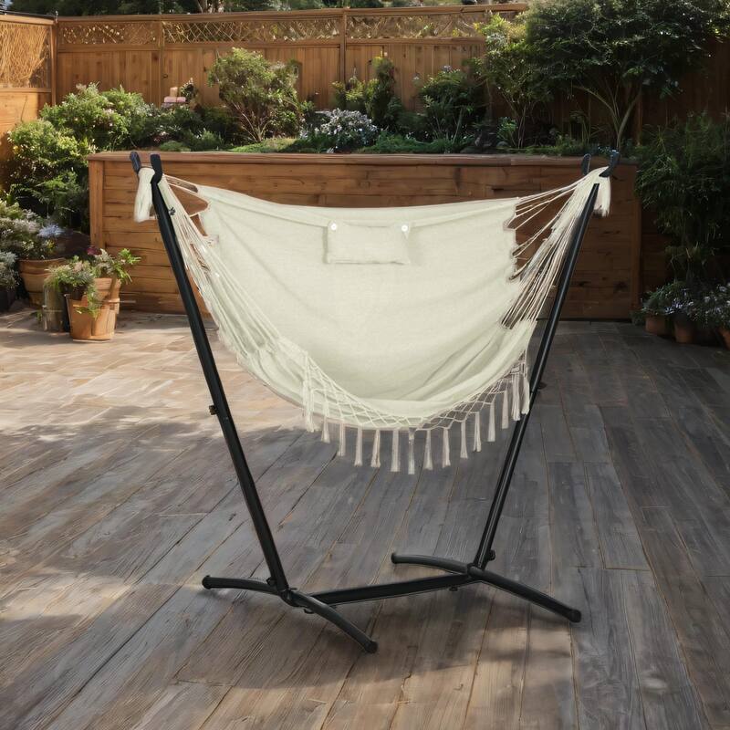 Patio Hammock Hanging Swing with Stand,Side Pocket and Headrest - White