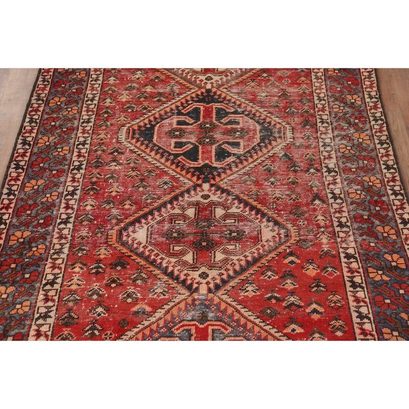 Distressed Bakhtiari Persian Vintage Rug Handmade Red Wool Carpet - 4'10"x 9'10"