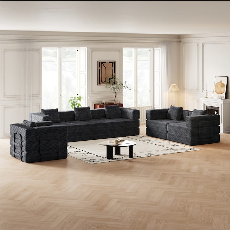 Corduroy Folding Loveseat Couch Set of 3 Convertible Sleeper Sofa Bed with Side Pockets, Modular Floor Mats with Anti-slip Pads