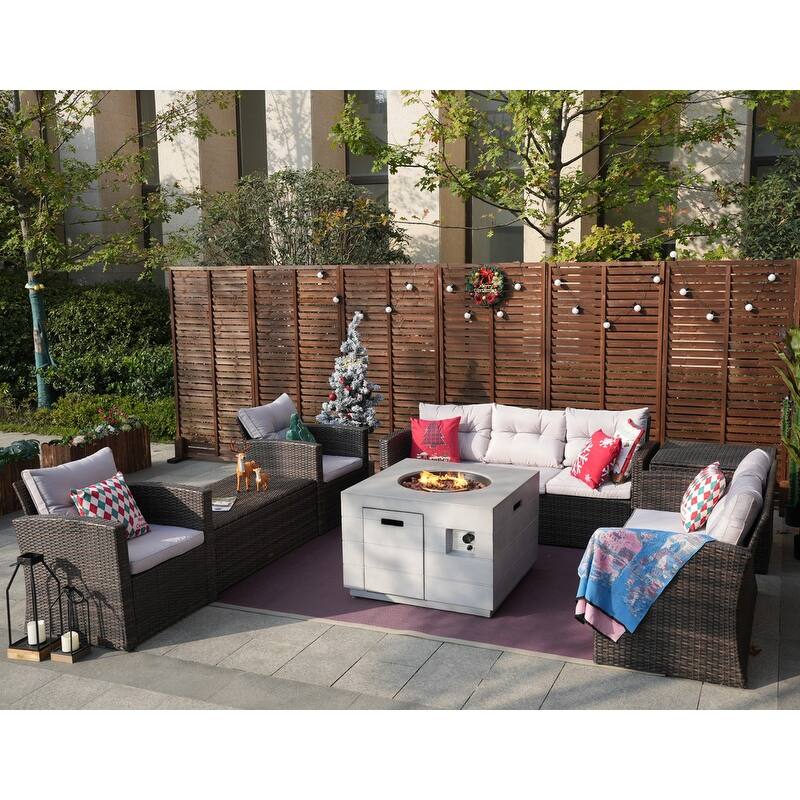 7-Piece Outdoor Rattan Conversation Sofa Set with Fire Pit Table