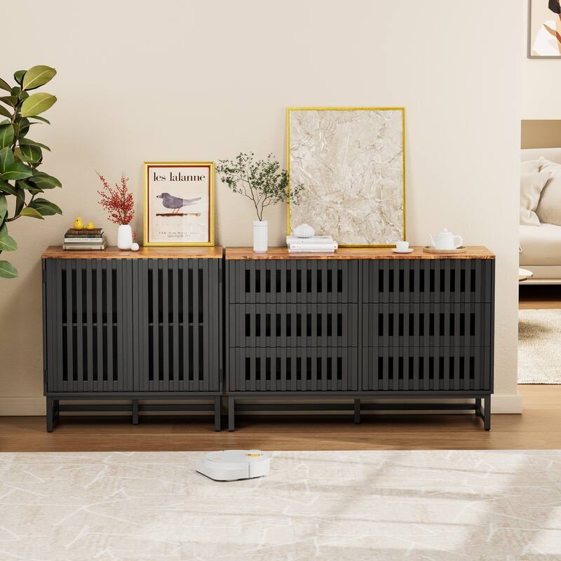 6 Drawer Double Dresser with Slatted Grille Striped Drawer, Modern Style Dresser, High-Quality MDF and Metal Leg