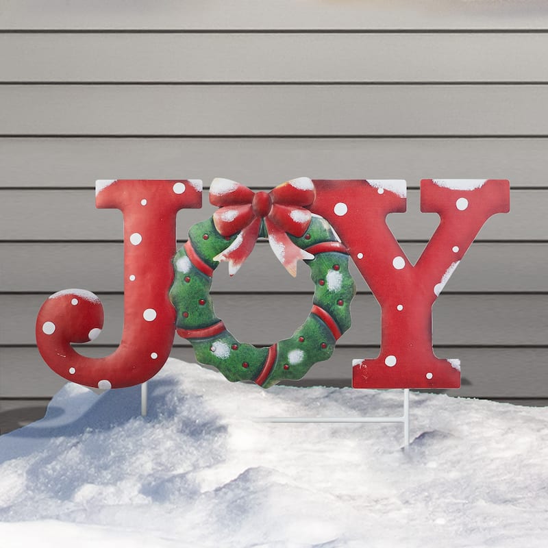 Glitzhome Christmas Metal JOY HOPE Sign Snowmen Yard Stake Wall Sign Standing Decor - JOY with Wreath