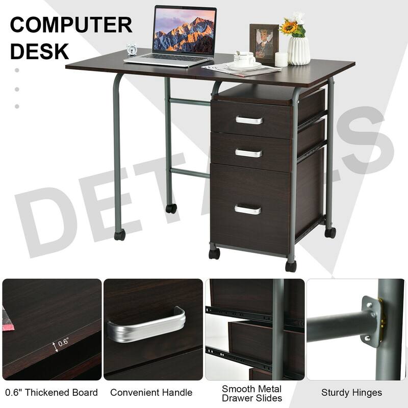 Gymax Folding Computer Laptop Desk Wheeled Home Office Furniture w/3