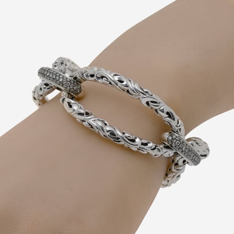 Charles Krypell Sterling Silver and 14K Gold, Brown Diamond Link Bracelet - 7