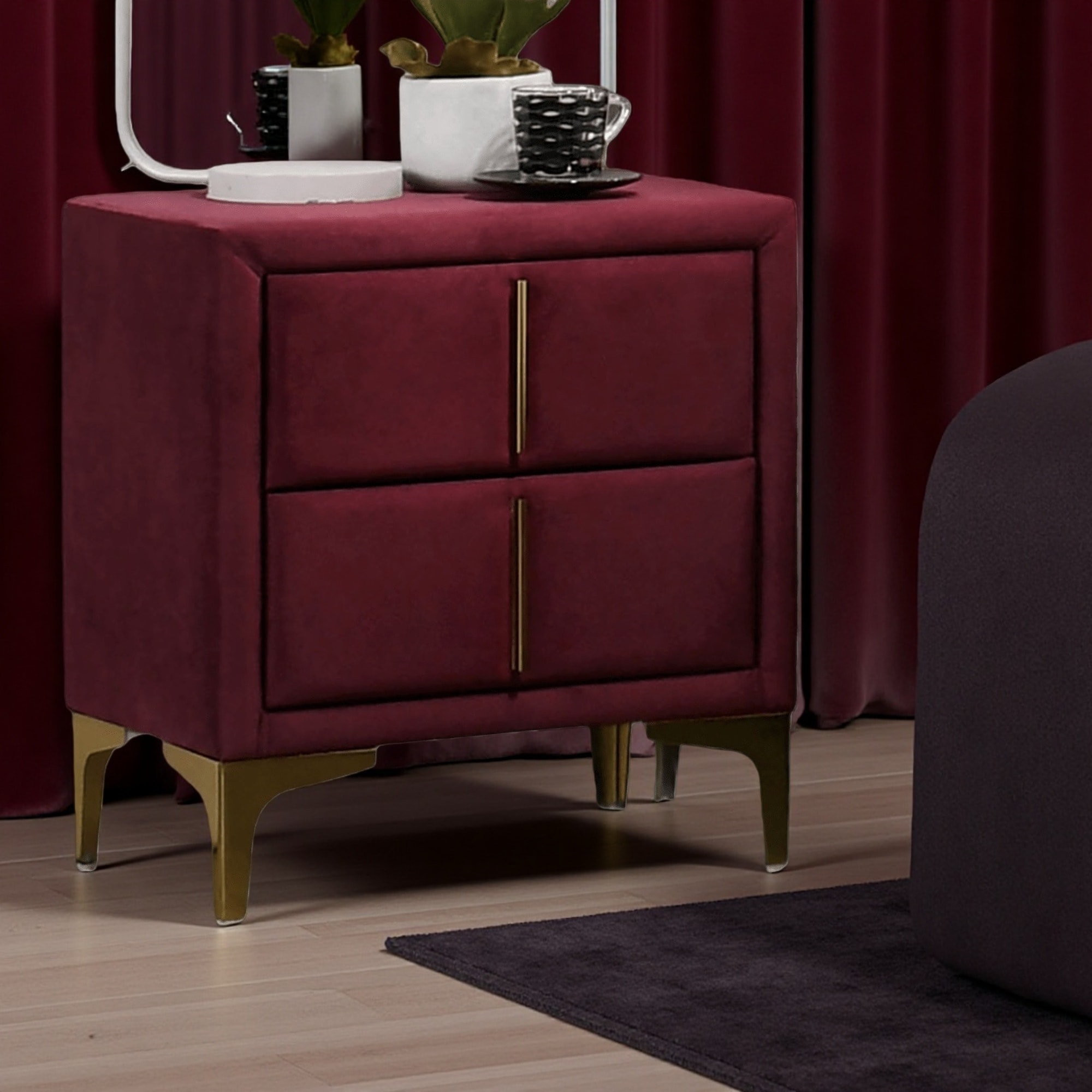 22.25"L Fully Upholstered 2-Drawer Nightstand with Bar Pull Handle and Steel Legs, Glam Contemporary Bedroom Bedside Table