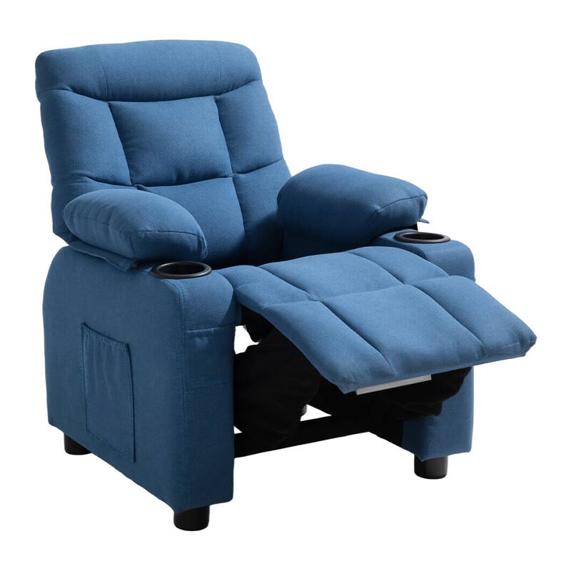 Wooden Frame Adjustable Kids Recliner Chair with Cup Holders and Pockets - 25.8 x 30.3 x 26.4 in - Blue