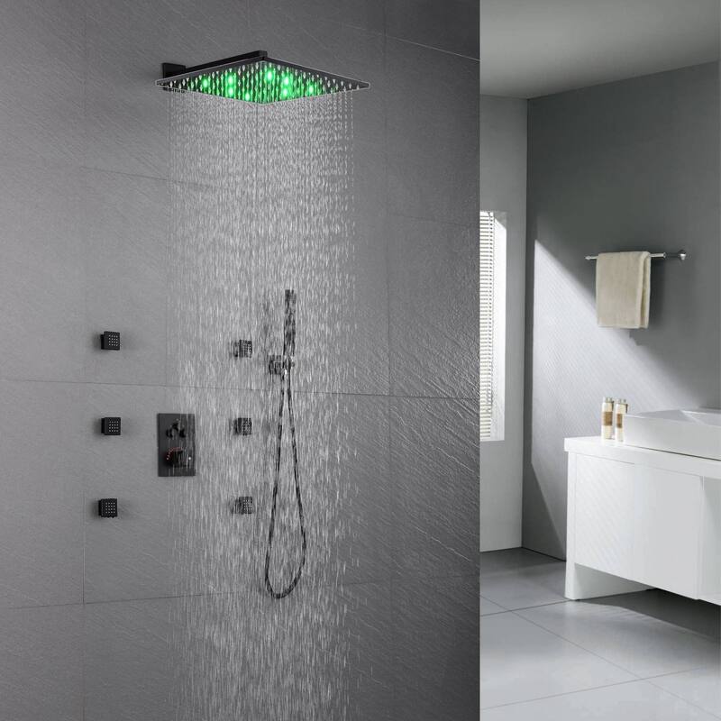 12" LED Wall Rainfall Shower 3 Way Thermostatic Faucet System w/ 6 Body Jets - Matte Black