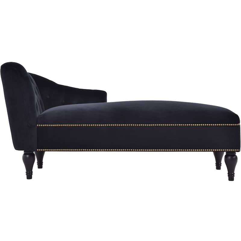 Black 58" Velvet Button Tufted Chaise Lounge Chair with Nailhead Trim and Solid Wood Legs for Living Room