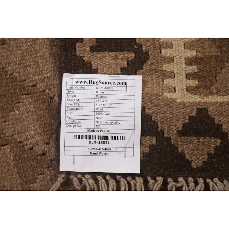 Brown Kilim Oriental Area Rug Hand-woven Wool Carpet - 3'3" x 5'2"