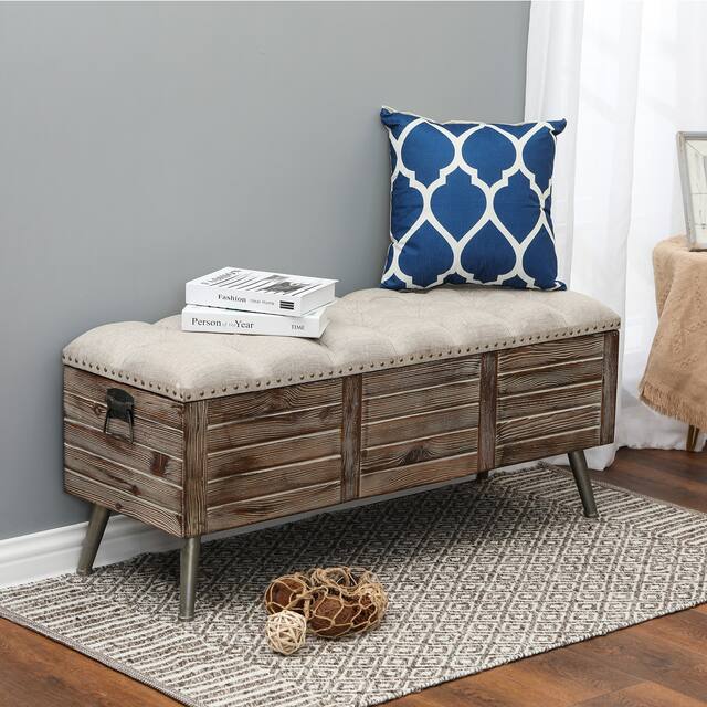Natural Wood Upholstered Bedroom and Entryway Storage Bench - 20.25" H x 47.38" W x 15.81" W