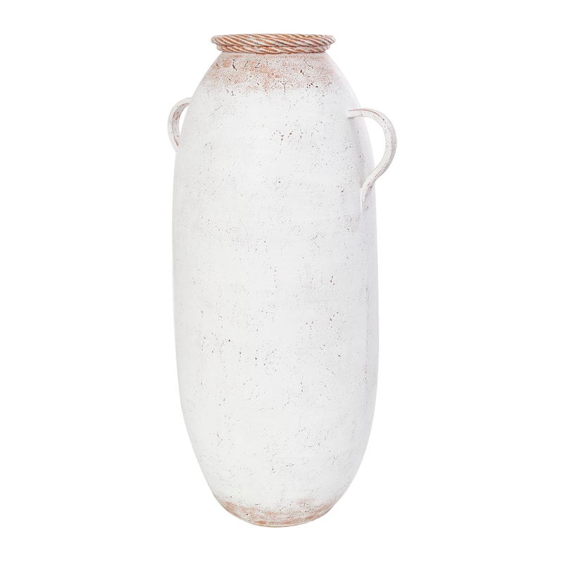 White Metal Vase with Antique Distressing and Terracotta Accents