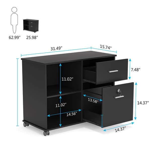 dimension image slide 2 of 3, Mobile Lateral File Pedesta, 2 Drawer File Cabinet with Lock