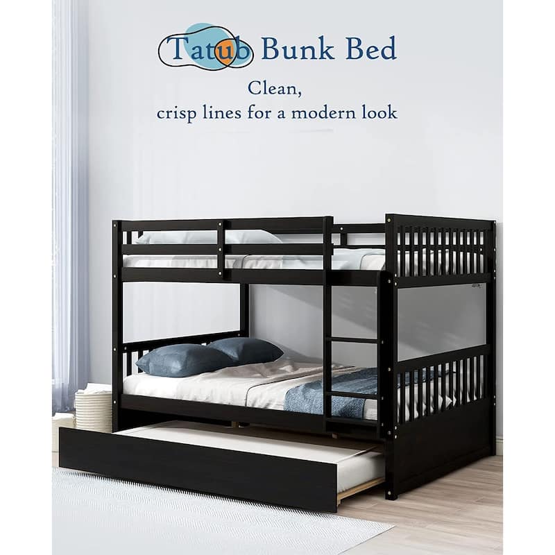 Full Over Full Bunk Bed with Trundle, Solid Bunk Bed with Trundle for Kids, Teens, Boys and Girls
