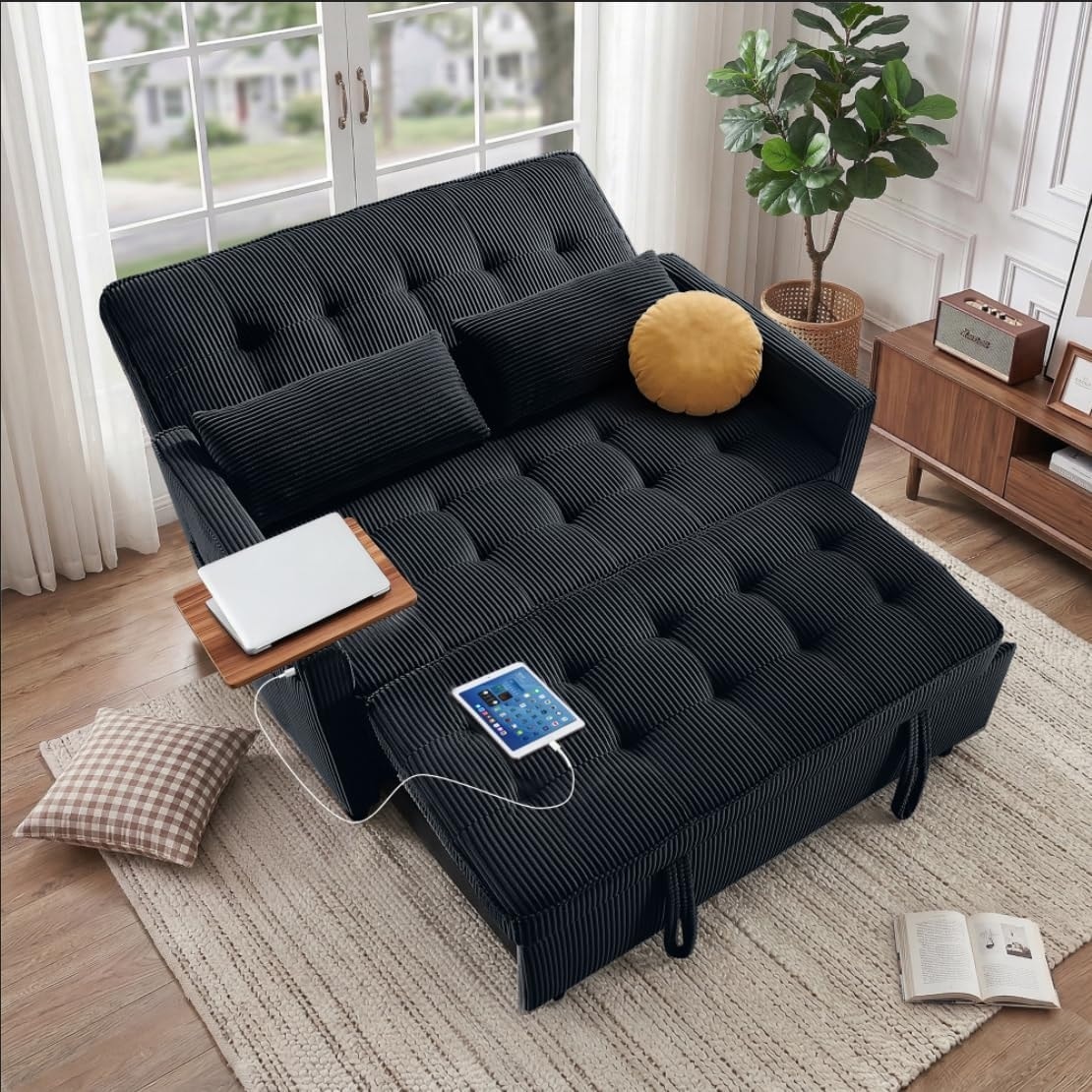 Sleeper Sofa Bed,54" Convertible Pull Out Couch with Small Table,USB Port & Adjustable Backrest,Corduroy Fabric