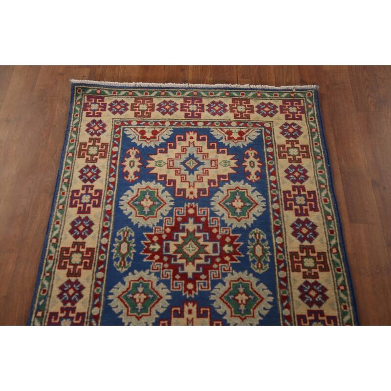 Blue Kazak Runner Rug Hand-Knotted Wool Carpet - 2'7" x 13'2"