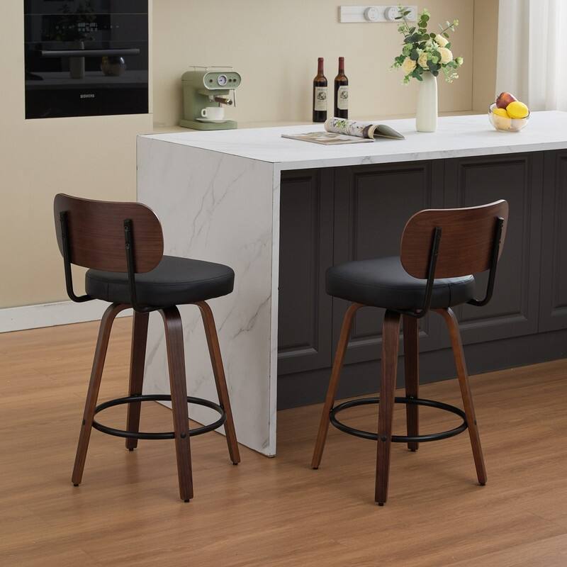 Swivel Bar Stools Set of 2, 26" Modern Faux Leather Counter Stools with Walnut Finish & 360 Degree Spin