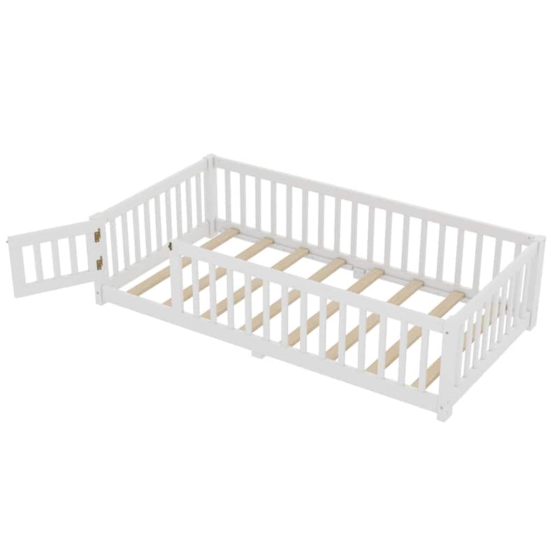 Twin Size Bed Floor Bed w/ Safety Guardrails & Door for Kids - White