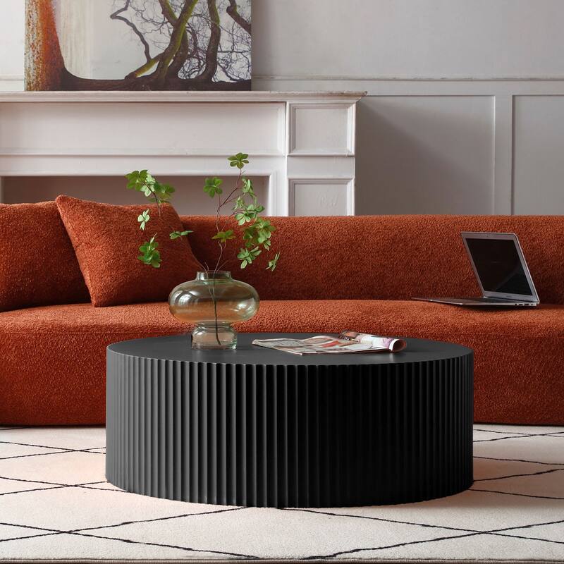 GDF Studio - Barrister Contemporary Round Coffee Table with Handcrafted Relief Detail - Matt Black