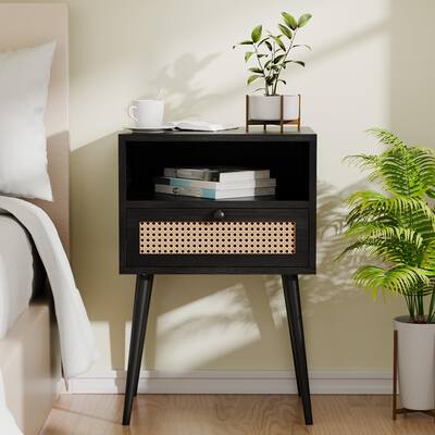 Nightstand Bedside Table Small Nightstand with Drawers Rattan Side Table End Tables Bedroom Wood Mid Century Modern Nightstands