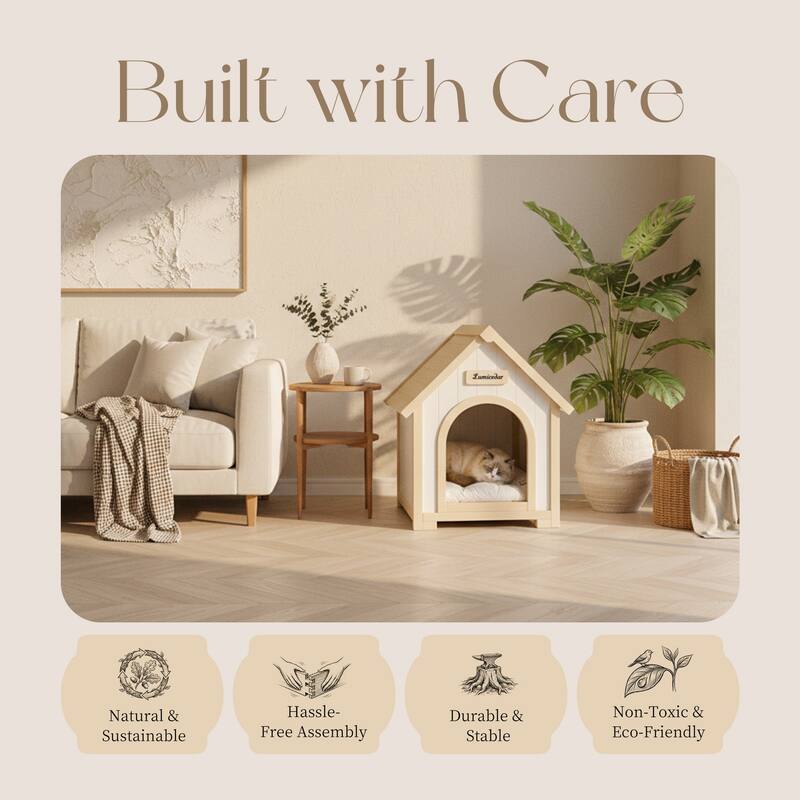 Modern Indoor Wooden Dog House with EVA Cushion, Solid Cedar Pet House for Small Dogs & Cats
