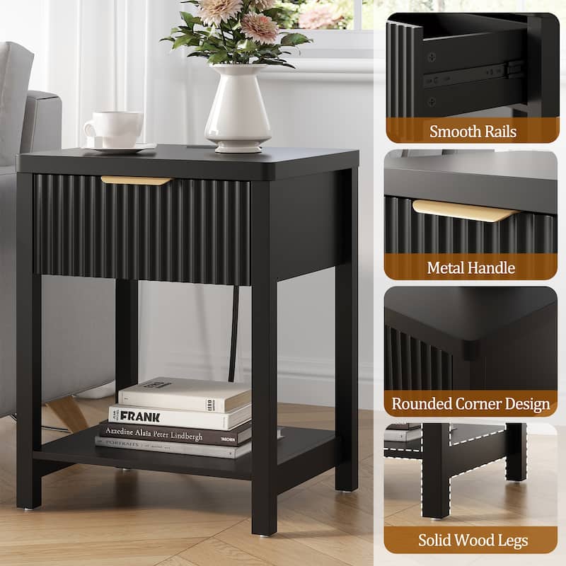 Nightstand with Drawers Fluted Bedside Table with Charging Station