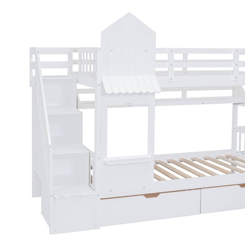 Twin-Over-Twin Castle Style Bunk Bed with Drawers, Shelves, and Slide in White