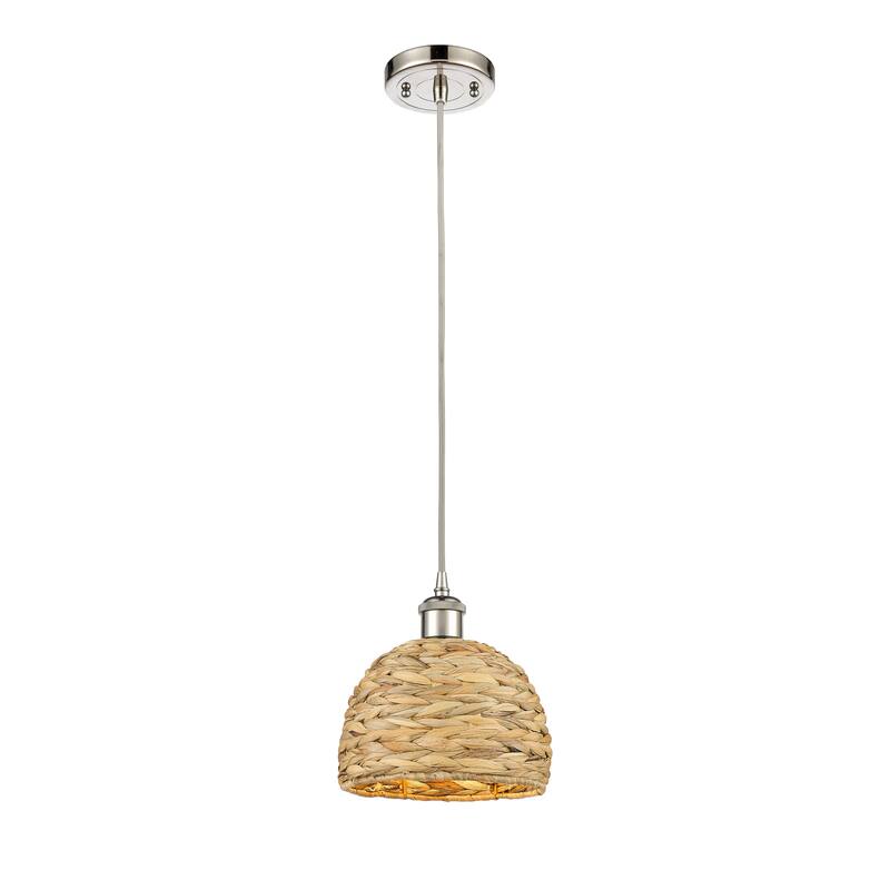 Innovations Lighting Woven Rattan - 1 Light 8" Cord Hung Pendant - Polished Nickel/Natural Rattan
