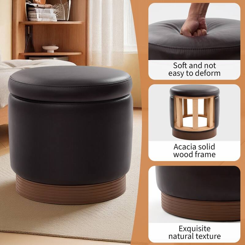 Round Swivel Storage Ottoman Footstool with Flip-top and Acacia Frame