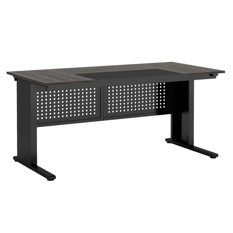63" L-Shaped Executive Desk with File Cabinet in Gray and Black