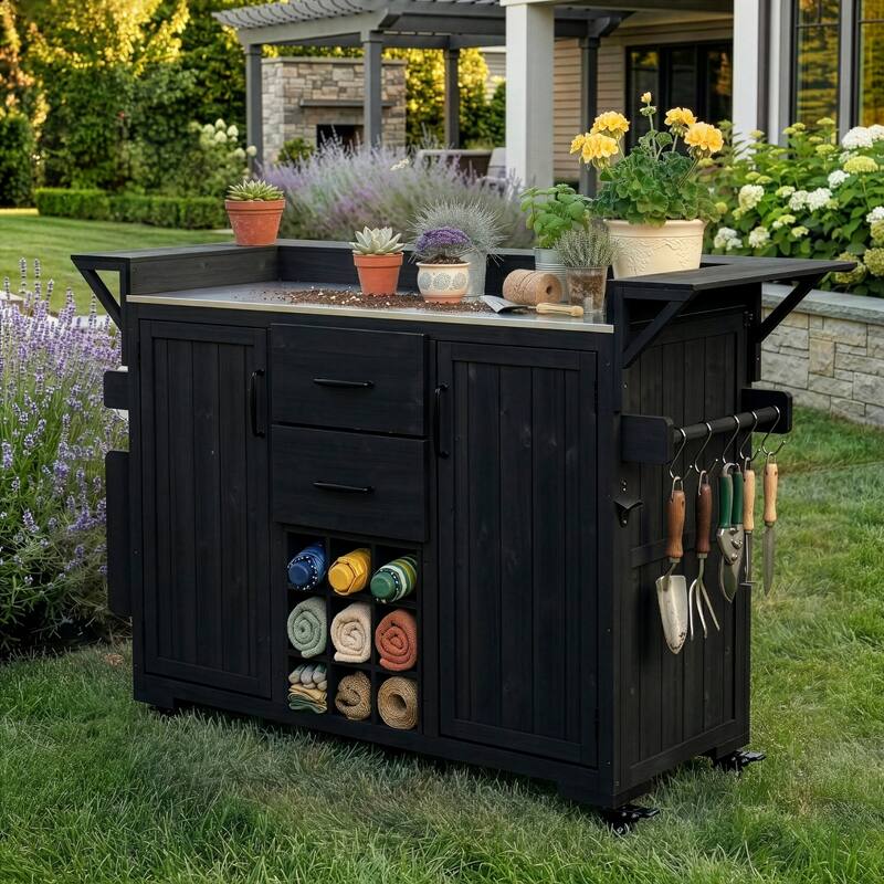 Modern 60.2" W Outdoor BBQ Kitchen Island with Wheels, Stainless Steel Top, Drawers, Spice Rack & Wine Rack