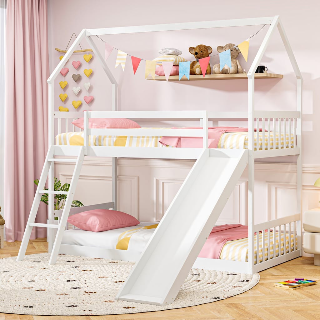 Gymax Twin Over Twin House Bunk Bed w/ Slide Solid Wood Low Bunk Bed