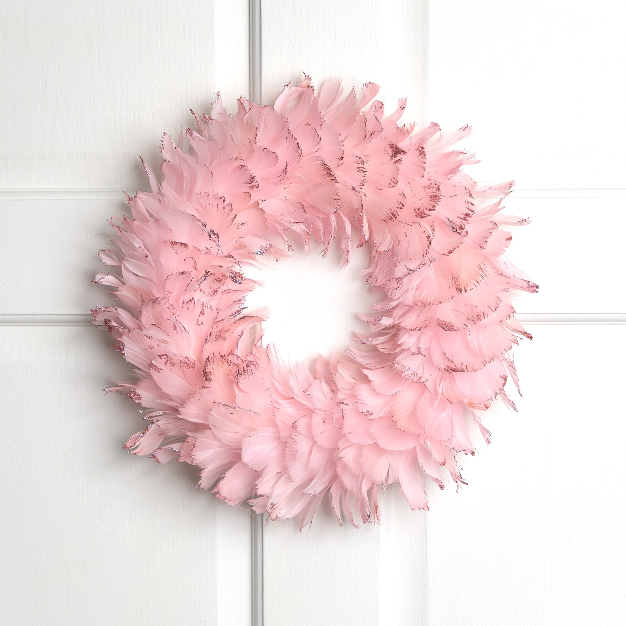 Glittered Feathers Small Artificial Christmas Wreath 14.5" Unlit Pink