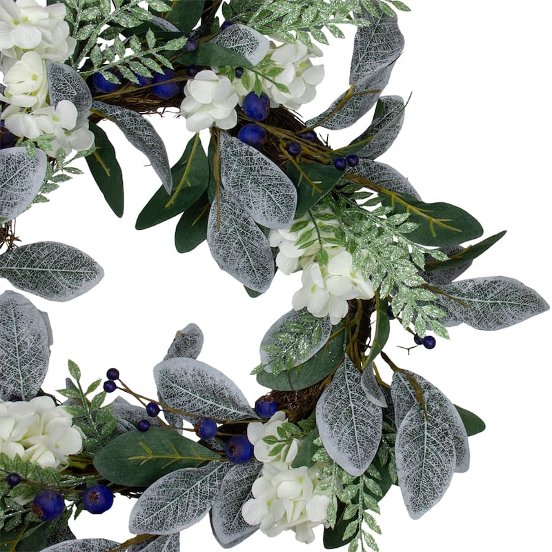 Iced Hydrangeas Blueberries Artificial Christmas Wreath - Unlit 26"