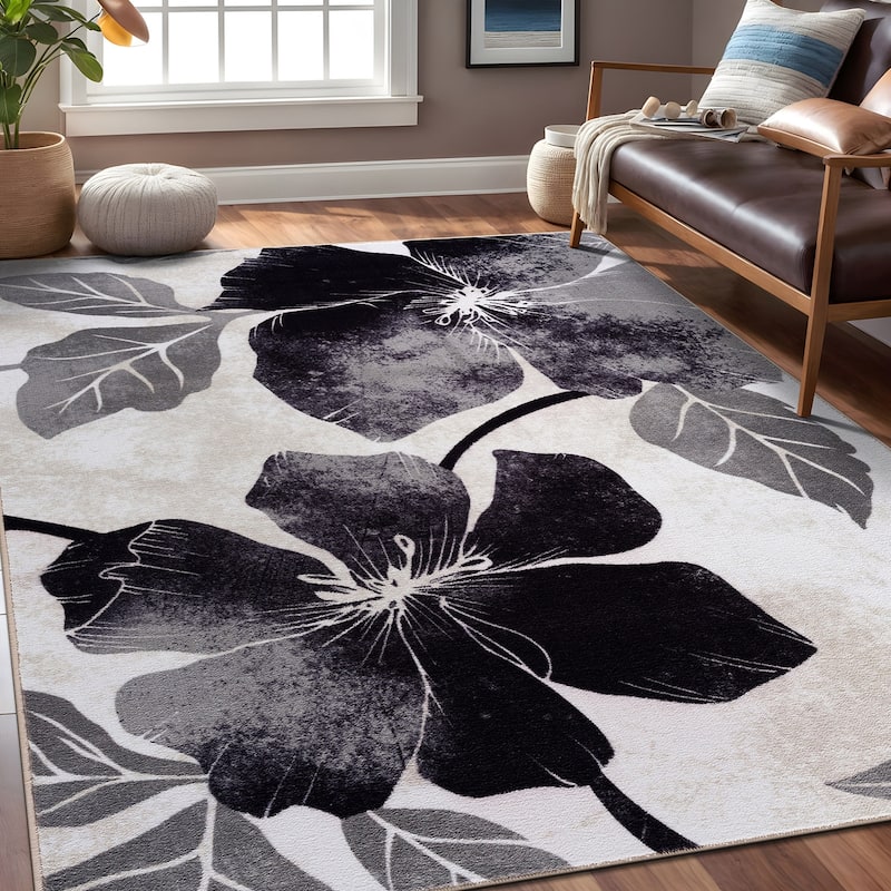Bahamas Black White Floral Non-Slip Rubber Back Indoor Area Rug