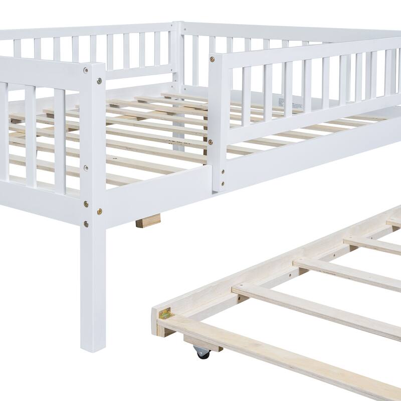 Full Size Wood Daybed with Trundle and Fence Guardrails, Space-Saving Design