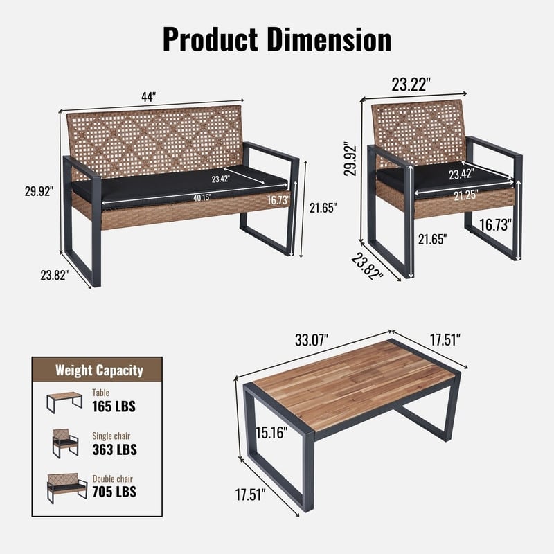 4-Piece Patio Furniture Set Outdoor Balcony Porch Garden Backyard Lawn Furniture Acacia Wood Table Top